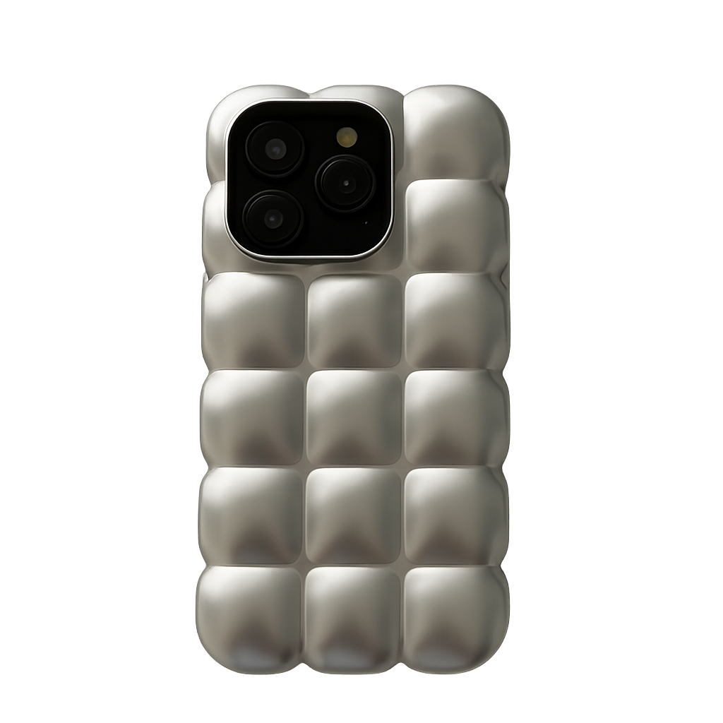 Silver phone case with a textured pattern on a white background